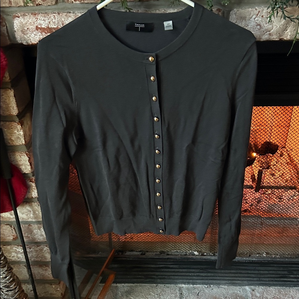 T Tahari Dark Gray Button Down Sweater Shirt / Cardigan gold buttons‎ Size S